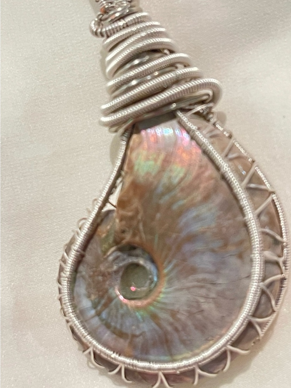 Iridescent Ammonite Fossil Pendant Wire wrapped necklace